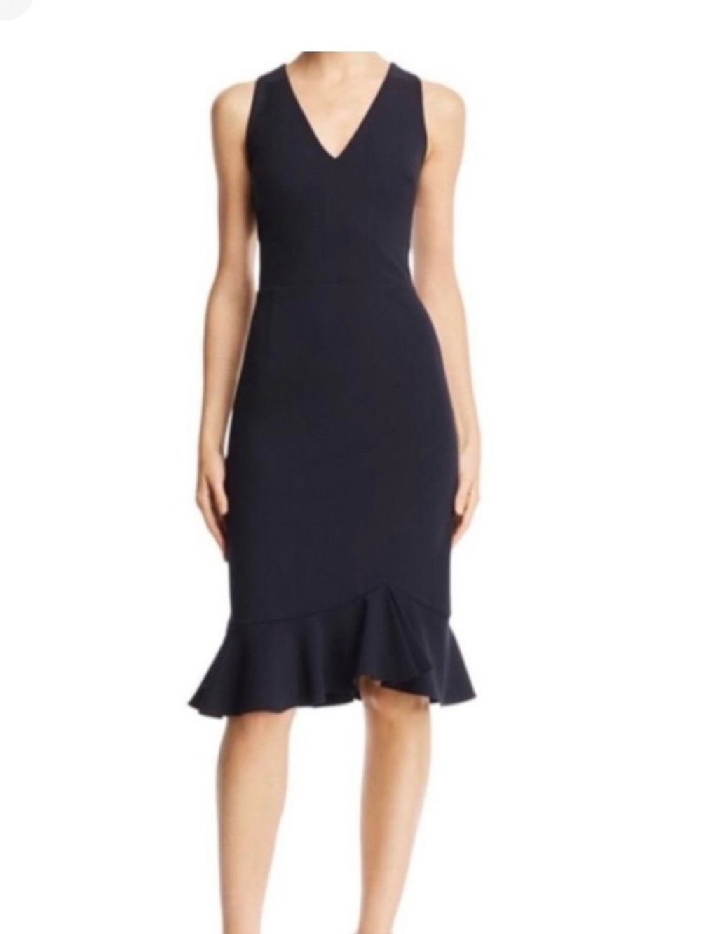 Betsey Johnson Navy V-Neck Ruffle-Hem Midi Dress with zipper back of dress NEW